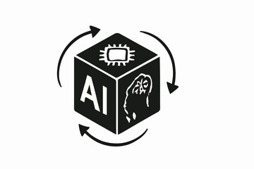 Fototapete - Artificial Intelligence Cycle A Symbolic Representation of AI Development and Iteration Featuring a Cube with AI Brain and Chip Icons Surrounded by Circular Arrows on