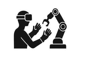 Poster - Virtual Reality and Robotics A Black and White Illustration Depicting a Person Wearing a VR Headset Interacting with a Robotic Arm in a Futuristic Technological