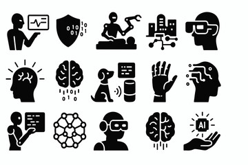 Fototapete - A Collection of Artificial Intelligence Icons Representing Concepts Like Robotics Virtual Reality Brain Function and Smart Technology all in a Modern Black and White Style