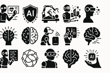 Poster - A black silhouette set of vector ecology icons featuring a tree and heart symbol design illustration