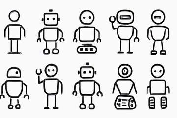 Poster - Ten Simple Black and White Robot Doodles on a White Background Featuring Various Head Shapes and Body Styles Presented in Two Rows of Five with
