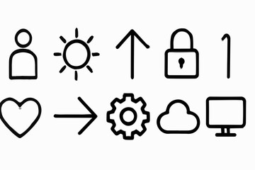 Poster - A collection of ten hand drawn black icons on a white background including a person sun arrow lock heart gear cloud computer and a simple