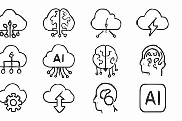 Fototapete - Doodle Style Artificial Intelligence and Cloud Computing Icons A Collection of Hand Drawn Black and White Symbols Representing Technology Brains and Connectivity Concepts This image
