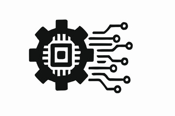 Fototapete - Stylized Black and White Illustration of a Gear with a Microchip Inside and Circuit Lines Emanating from It Representing Technology Engineering and Innovation on a