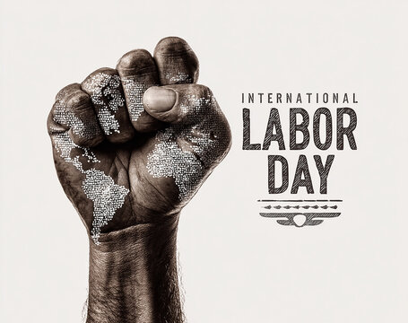 A raised arm with painted earth, text International Labor Day. Every reunion date is on a white background