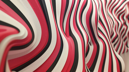 Leinwandbilder - Abstract wavy stripes in pink, red, black, and white create a modern and vibrant background with a dynamic and elegant feel, perfect for contemporary designs
