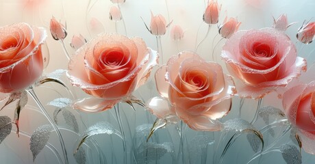 Aufkleber - Pink roses bloom, delicate petals swirl. Glass stems support blossoms, soft light creates dreamy effect. Floral beauty radiates.