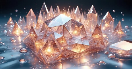 Aufkleber - Crystals illuminate dark background. Geometric shapes reflect light, creating sparkling water droplets. Abstract composition evokes luxury, brilliance.