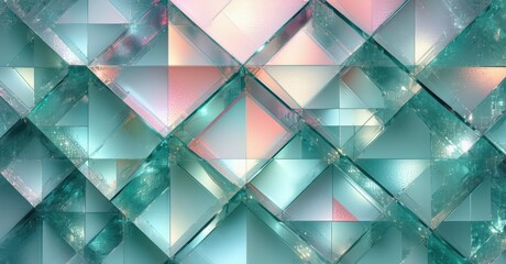 Poster - Abstract geometric pattern. Teal, pink hues create crystalline mosaic effect. Light reflects, refracts through facets. Modern digital art.