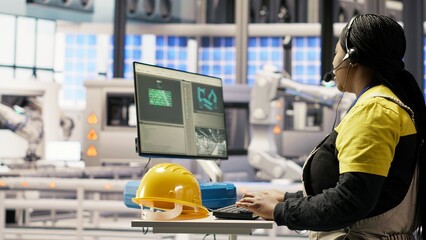 Poster - Automated manufacturing plant specialist analyzing live production data, using headset mic to communicate insights to engineers about robotic arms, conveyor belts and photovoltaic systems, camera B