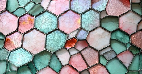 Poster - Hexagonal glass pieces create mosaic pattern. Colors include teal, pink, orange, white. Cracks visible within each section.