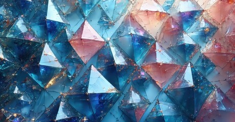 Poster - Fractured geometric shapes, vibrant blues, reds, textures create abstract mosaic pattern. Light reflects, sparkles within crystalline structure.