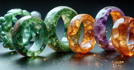 Poster - Colorful gemstone rings displayed. Sparkling details, vibrant hues, elegant jewelry pieces. Reflective surfaces create dramatic effect.