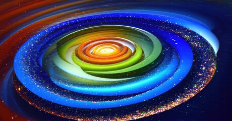 Aufkleber - Colorful spiral galaxy. Bright center radiates outward, forming concentric rings. Stars sparkle against dark background. Cosmic beauty.
