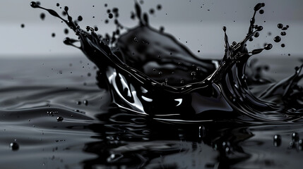 Leinwandbilder - A dramatic splash of black liquid creates a dynamic crown shape with droplets suspended in midair against a soft gray background, showcasing fluid motion and abstract design