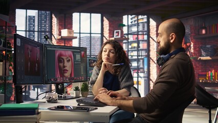 Poster - Creative team works with AI chatbot and editing software to improve content, applies machine learning and automation to generate high quality images. Generating photography. Camera A.