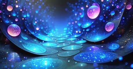 Poster - Abstract space, glowing orbs, luminous pathway. Deep blues, purples create surreal digital art scene. Mysterious, captivating.