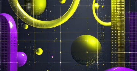 Leinwandbilder - Abstract composition features vibrant spheres, rings, grids. Purple, yellow elements create futuristic aesthetic. Dark background enhances luminosity.