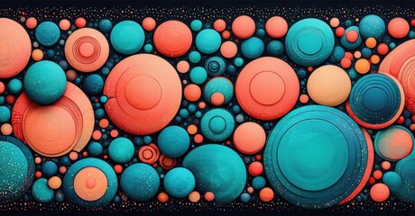 Leinwandbilder - Abstract composition featuring numerous colorful spheres. Varying sizes create depth, texture, visual interest. Background is dark.