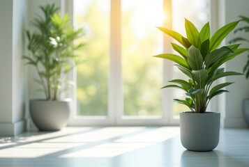 Wall Mural - Green Plant in Gray Pot on White Floor with Sunlight Streaming Through Window