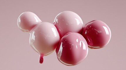 Poster - Close up of four pink and white spheres with a pink liquid dripping from them