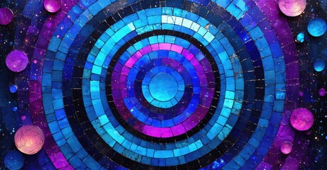 Poster - Abstract mosaic pattern radiates outward. Vibrant blues, purples create cosmic effect. Spheres float within dark space.