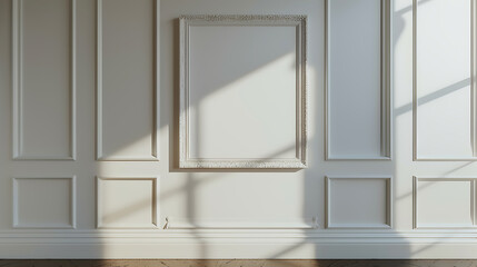Leinwandbilder - A white paneled wall with an ornate picture frame hanging on it, casting soft shadows from the sunlight streaming in through a nearby window