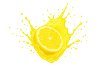 Poster - Vibrant lemon slice diving into citrus liquid, generating dynamic splash against clear backdrop