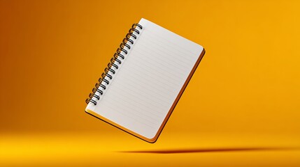Poster - Spiral bound notebook is floating in midair on a yellow background