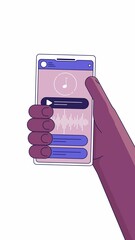 Poster - Black hand holding smartphone with music player app cartoon vertical animation. Mobile phone screen with play button, playlist, audio waveform animated flat 2D 4K video isolated on white transparent