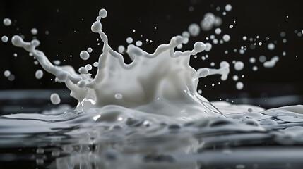 Leinwandbilder - A dynamic milk splash creates an abstract crown shape with droplets suspended in the air against a dark background, showcasing the fluids texture and movement