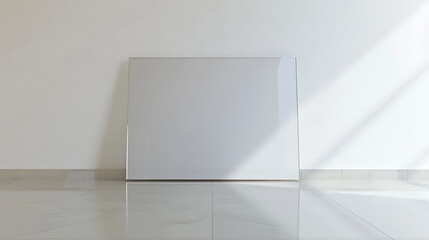 Leinwandbilder - A blank square frame stands against a white wall on a marble tiled floor, illuminated by a gentle light and shadow pattern, creating a modern and minimalist interior space