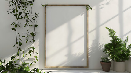 Leinwandbilder - A blank frame is leaning against a white wall with plants on either side, casting soft shadows from a nearby window, creating a serene and minimalist interior scene