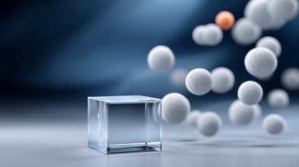Poster - Cube is on a table with a bunch of white balls flying around it