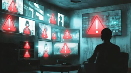 Poster - A person sits in a dark room watching multiple surveillance screens displaying mysterious figures with glowing eyes.