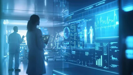 Poster - Doctors in a futuristic hospital examine digital medical data on transparent screens.