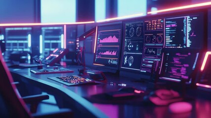 Poster - A high-tech control room with multiple computer monitors displaying data, charts, and graphs in vibrant neon lighting.