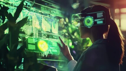 Poster - A person using futuristic augmented reality technology to analyze environmental data in a lush, green setting.