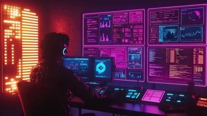 Poster - A person wearing headphones works at a futuristic workstation with multiple neon-lit data screens and vibrant technology displays.
