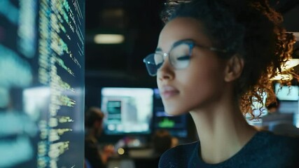 Aufkleber - A focused young woman with glasses closely examines code on a glowing computer screen in a dimly lit tech workspace.
