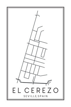 Hand drawn printable downtown road map poster of district EL CEREZO of the Spanish city of SEVILLE on solid white background with city name