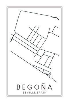 Hand drawn printable downtown road map poster of district BEGOÑA of the Spanish city of SEVILLE on solid white background with city name