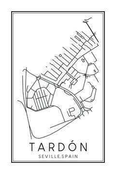 Hand drawn printable downtown road map poster of district TARDÓN of the Spanish city of SEVILLE on solid white background with city name