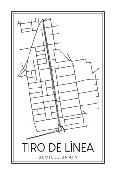 Hand drawn printable downtown road map poster of district TIRO DE LÍNEA of the Spanish city of SEVILLE on solid white background with city name