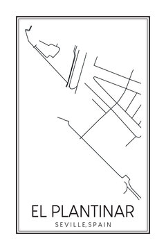 Hand drawn printable downtown road map poster of district EL PLANTINAR of the Spanish city of SEVILLE on solid white background with city name