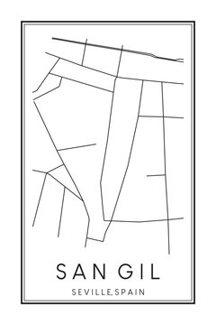 Hand drawn printable downtown road map poster of district SAN GIL of the Spanish city of SEVILLE on solid white background with city name