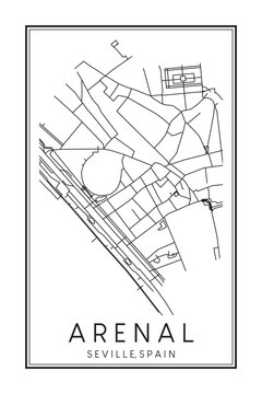 Hand drawn printable downtown road map poster of district ARENAL of the Spanish city of SEVILLE on solid white background with city name