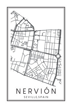Hand drawn printable downtown road map poster of district NERVIÓN of the Spanish city of SEVILLE on solid white background with city name