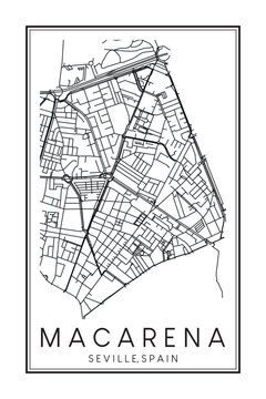 Hand drawn printable downtown road map poster of district MACARENA of the Spanish city of SEVILLE on solid white background with city name