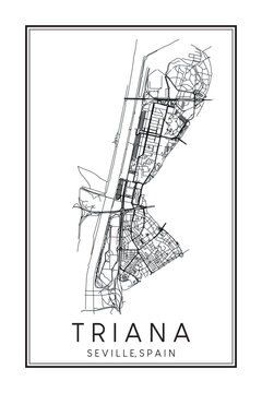 Hand drawn printable downtown road map poster of district TRIANA of the Spanish city of SEVILLE on solid white background with city name